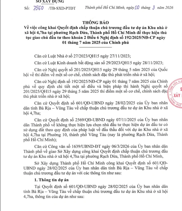 TP.HCM công khai chủ trương đầu tư dự án nhà ở xã hội 4.7ha tại phường Rạch Dừa 1 dự án nhà ở xã hội 4.7ha tại phường Rạch Dừa